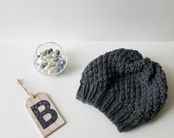 BeaCapes Design Bellevue Beanie. Knitted Knit Slouchy Beanie, Beret, Hat. Handmade in Charcoal Gray Yarn.