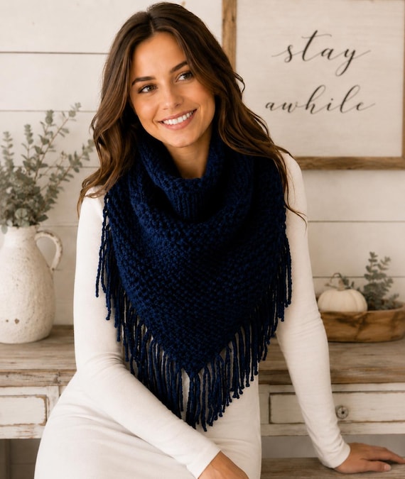 Knit Triangle Scarf with Fringe Detail | Handmade in Chunky Wool Blend Yarn.