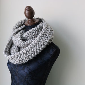 Knitted Knit Large Cowl, Infinity Scarf, Circle Scarf. Handmade in Gray Marble Chunky Wool Yarn