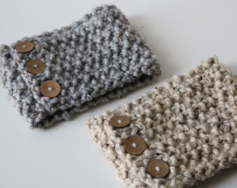 Knitted Knit Stretchy Ear Warmer Headband, Head Wrap with Coconut Button Embellishments. Handmade in Oatmeal Yarn.