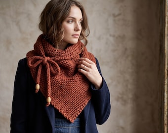 Knit Triangle Scarf | Bandana Scarf | Shoulder Wrap with Wood Bead Embellishment | Handmade in Chunky Wool Blend Yarn | Austyn Scarf