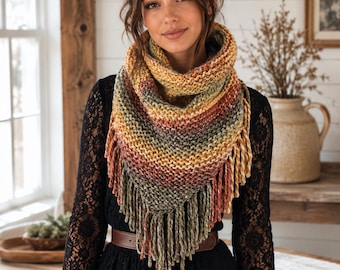 Knitted Knit Triangle Scarf, Triangle Cowl, Bandana Scarf with Fringe. Handmade in Fiesta, Chunky Yarn.