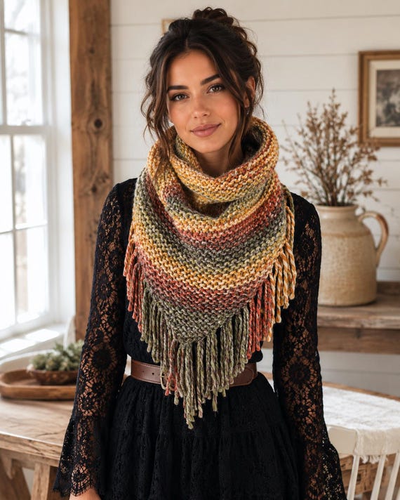 Knitted Knit Triangle Scarf, Triangle Cowl, Bandana Scarf with Fringe. Handmade in Fiesta, Chunky Yarn.