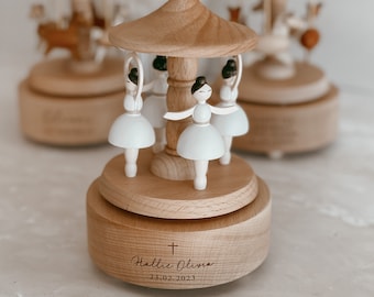 Baptism Christening Gift - First Birthday - Personalised Musical Carousel Wooden - Heirloom Music Box - Engraved Keepsake