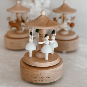 Baptism Christening Gift - First Birthday - Personalised Musical Carousel Wooden - Heirloom Music Box - Engraved Keepsake