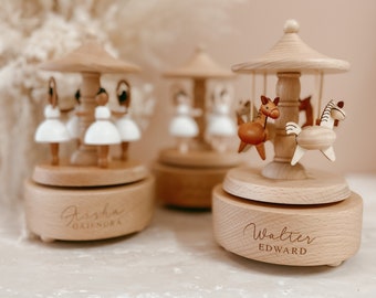 Personalised Musical Carousel Wooden - Custom Heirloom Music Box - Engraved Keepsake Gift - Baby Shower - New Mom - Baby Girl - Baby Boy