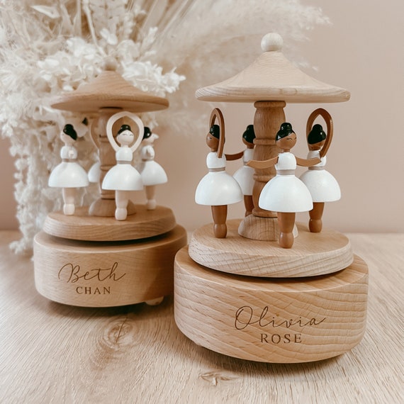 Personalised Ballerina Musical Carousel Wooden Custom Heirloom Music Box  Engraved Keepsake Gift Baby Shower New Mom Baby Girl 