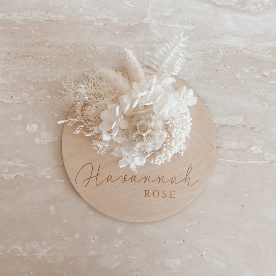 Dried Floral Custom Engraved Baby Name Sign - Wooden Name Announcement ...