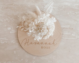 Dried Floral Custom Engraved Baby Name Sign - Wooden Name Announcement Plaque - Floral Baby Name Sign - Baby Name Plaque - Newborn Photo