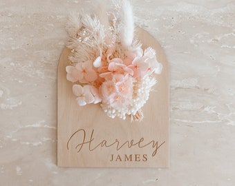 Dried Floral Custom Engraved Baby Name Sign - Wooden Name Announcement Plaque - Floral Baby Name Sign - Baby Name Plaque - Newborn Photo