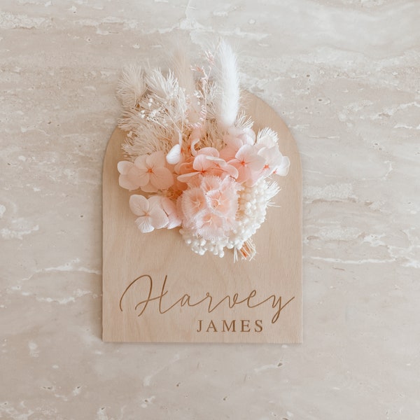 Dried Floral Custom Engraved Baby Name Sign - Wooden Name Announcement Plaque - Floral Baby Name Sign - Baby Name Plaque - Newborn Photo