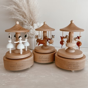 Baptism Christening Gift - First Birthday - Personalised Musical Carousel Wooden - Heirloom Music Box - Engraved Keepsake