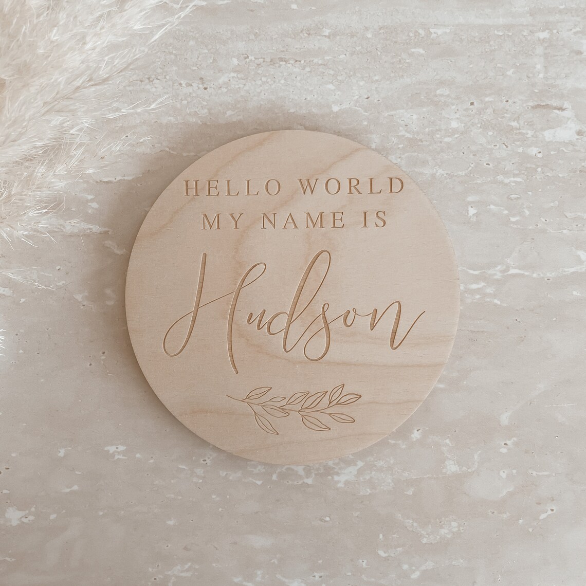 Baby Name Rounds Engraved Baby Name Sign - Custom Wooden Name Announcement Plaque - Leaf ...
