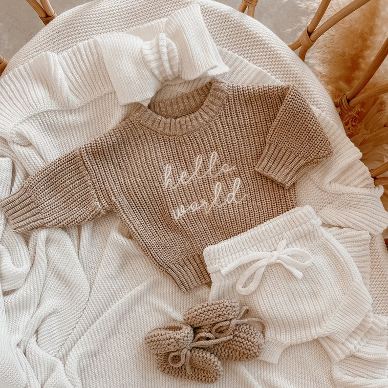 Hello World Fawn Mini Knit Sweater Baby and Toddler Cotton Jumper Babies First Outfit Photography Prop Matching Sets image 3