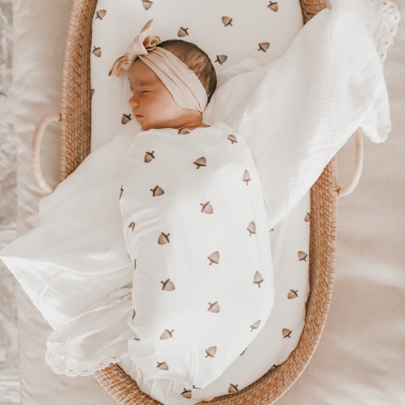 Acorn Bamboo Jersey Stretch Swaddle Bamboo Jersey Baby Swaddle Blanket Soft Newborn Announcement Gender Neutral image 1