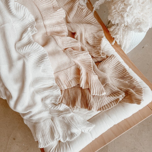 Poppy Heirloom Ruffle Knit Baby Blanket - 100% Cotton - Baby Shower Gift - Newborn - Swaddle - Knitted Gender Neutral - Beige - Cream - Pink
