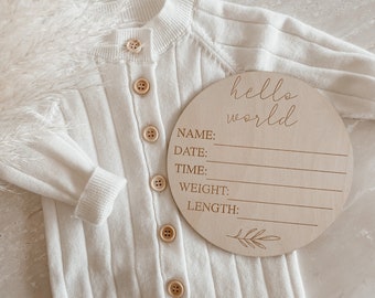 Hello World Baby Name & Birth Stats Sign 15cm - Wooden Name Announcement Plaque - Baby Name Plaque - Newborn Photo - Hospital Sign
