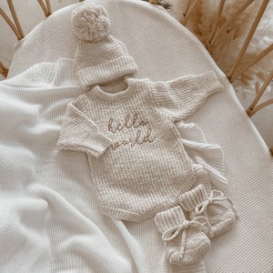 Announcement Bundle - 'Hello World' Chunky Knit Set - Honey - Newborn-6M -