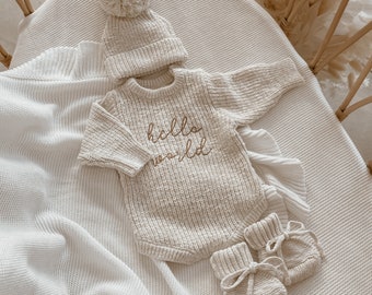 Announcement Bundle - 'Hello World' Chunky Knit Set - Honey - Newborn-6M -