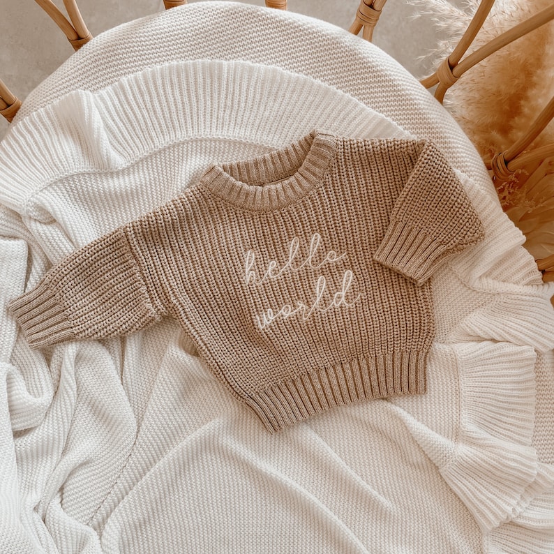 Hello World Fawn Mini Knit Sweater Baby and Toddler Cotton Jumper Babies First Outfit Photography Prop Matching Sets image 1