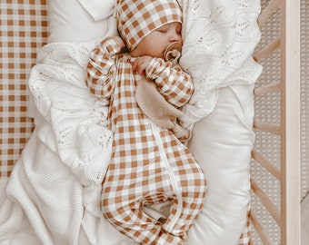 Caramel Gingham Bamboo Baby Growsuit Double Zip - Footie Romper - Zipsuit - Baby Announcement Outfit - One piece - Long Sleeve