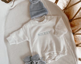 Personalised Bubble Romper - Milk with Blue Embroidery - 100% Cotton - Baby Toddler Winter
