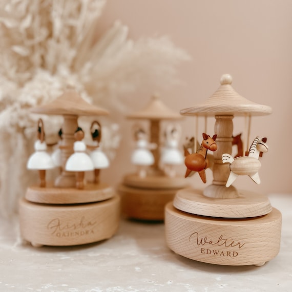 Personalised Musical Carousel Wooden - Custom Heirloom Music Box - Engraved Keepsake Gift - Baby Shower - New Mom - Baby Girl - Baby Boy