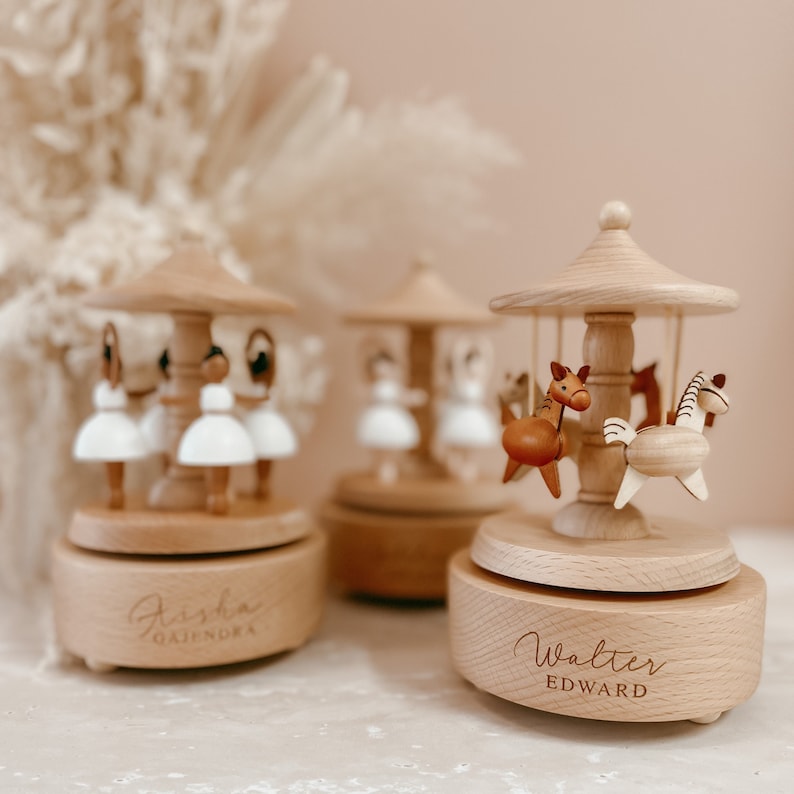 Personalised Musical Carousel Wooden Custom Heirloom Music Box Engraved Keepsake Gift Baby Shower New Mom Baby Girl Baby Boy Personalised