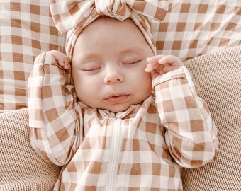 Gingham Topknot Bamboo Baby - Baby Announcement Outfit - One piece - Newborn Photoshoot