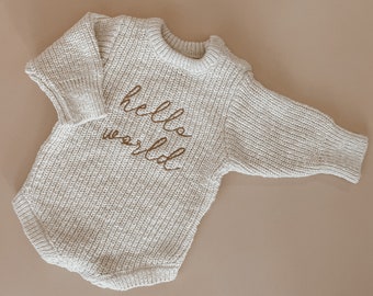 Hello World Chunky Knit Romper - Romper Only - Birth Announcement Outfit - Baby Announcement - Knit Romper - Gender Neutral Clothing - Knit