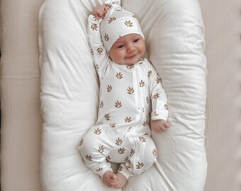 Autumn Leaf Bamboo Baby Growsuit Double Zip - Footie Romper - Zipsuit - One piece - Newborn - Long Sleeve - Winter Clothes