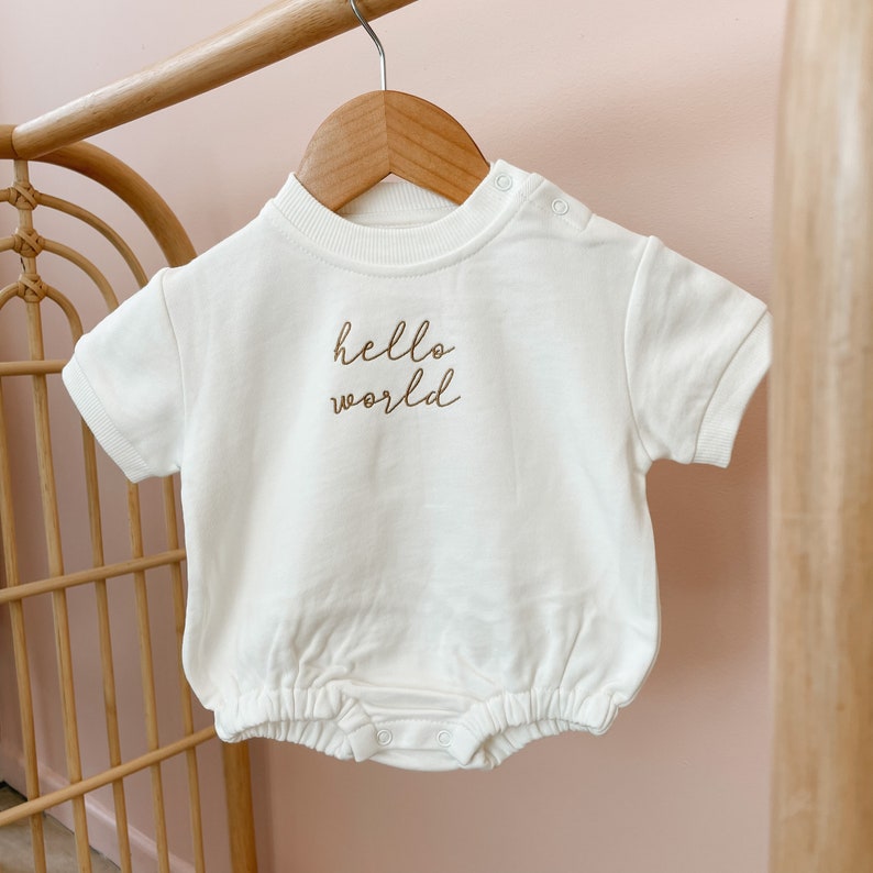 Hello World Embroidered Bubble Romper 100% Cotton Baby Toddler Winter and Summer Fashion Jumper Baby Clothes Announcement Outfit image 6