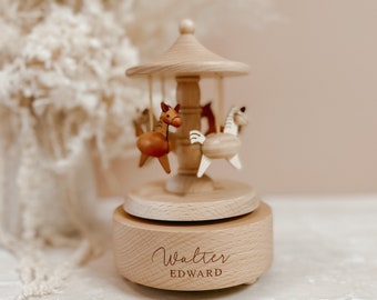 Personalised Musical Carousel Wooden - Custom Heirloom Music Box - Engraved Keepsake Gift - Baby Shower - New Mom - Baby Girl - Baby Boy