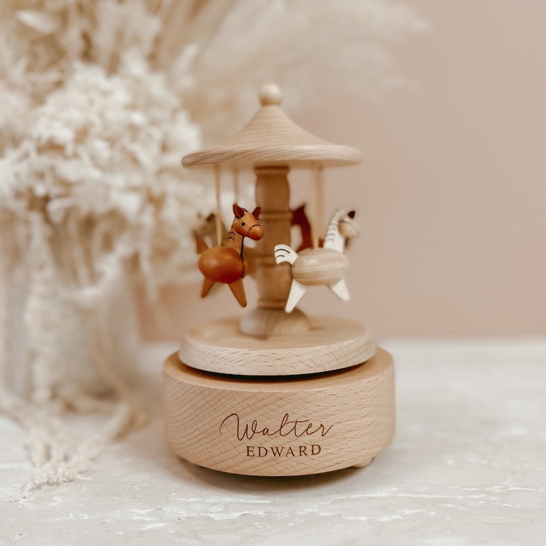 Personalised Musical Carousel Wooden Custom Heirloom Music Box Engraved Keepsake Gift Baby Shower New Mom Baby Girl Baby Boy Horse