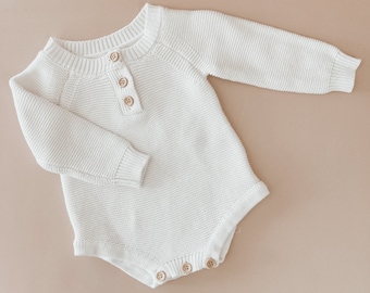 Milk Long Sleeve Baby Knit Romper - Winter - Cotton - Babies First Outfit - Photography Prop - Gender Neutral - Baby Announcement - Heirloom