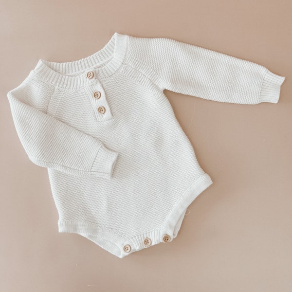 Milk Long Sleeve Baby Knit Romper - Winter - Cotton - Babies First Outfit - Photography Prop - Gender Neutral - Baby Announcement - Heirloom