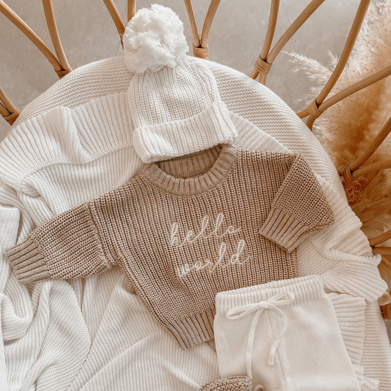 Hello World Fawn Mini Knit Sweater Baby and Toddler Cotton Jumper Babies First Outfit Photography Prop Matching Sets image 2