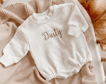 Personalised Bubble Romper - Milk with Brown Embroidery - 100% Cotton - Baby Toddler Winter