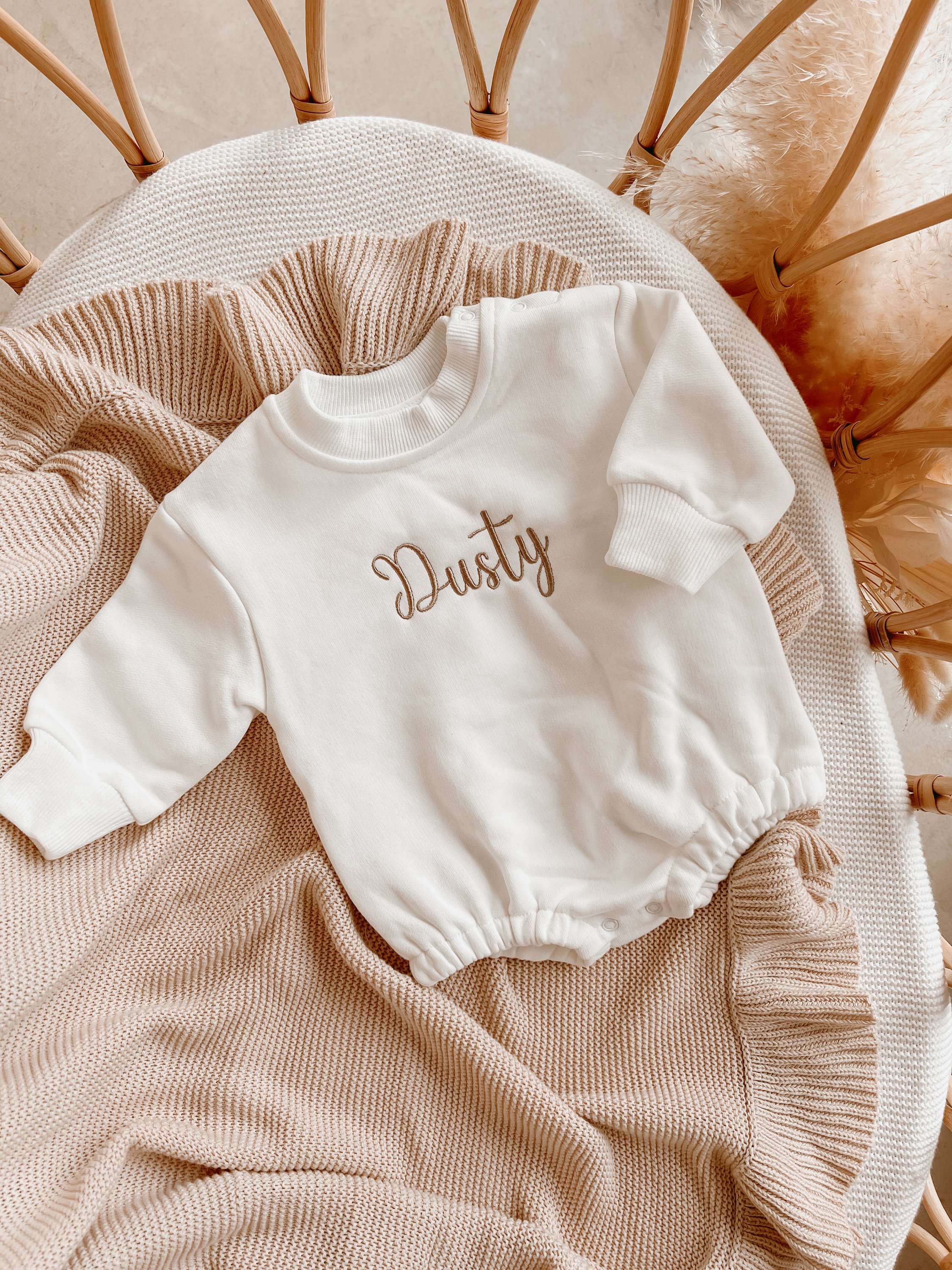 Personalised Bubble Romper - Milk with Brown Embroidery - 100% Cotton - Baby Toddler Winter