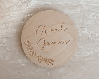 Custom Engraved Baby Name Sign - Wooden Name Announcement Plaque - Leaf Baby Name Round - Baby Name Plaque - Newborn Photo - Hospital Sign