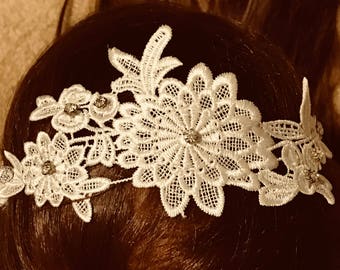 Bridal hair tiara, crystals, rhinestones on white flowers made of lacy fabric, headband, wedding hair, updo headband prom hair accessories