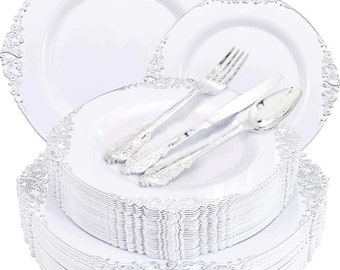 Disposable Plastic white and silver 150 piece elegant pattern dinnerware and flatware set for weddings, showers, anniversary, dinner parties