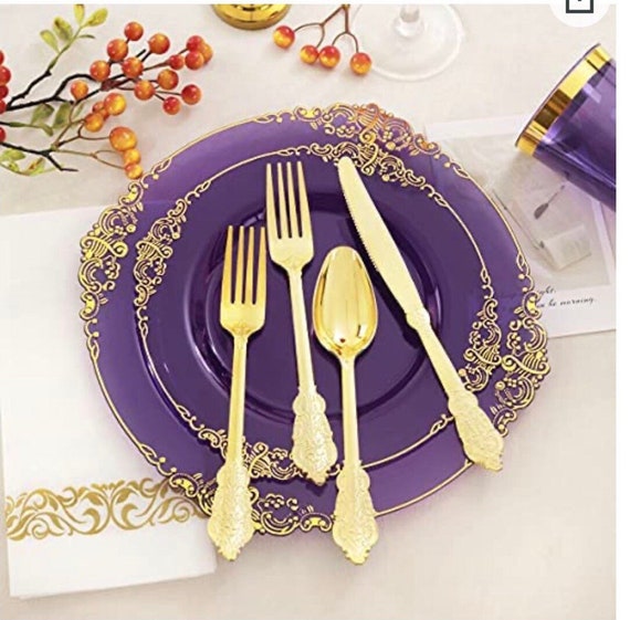 175 PCS Gold Plastic Disposable Dinnerware Set 25 Guests – By Madee