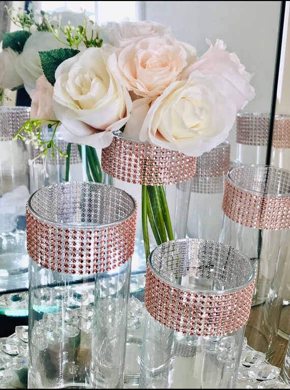 12 Centerpieces cylinder vases sparkling Rose Gold Rhinestone mesh