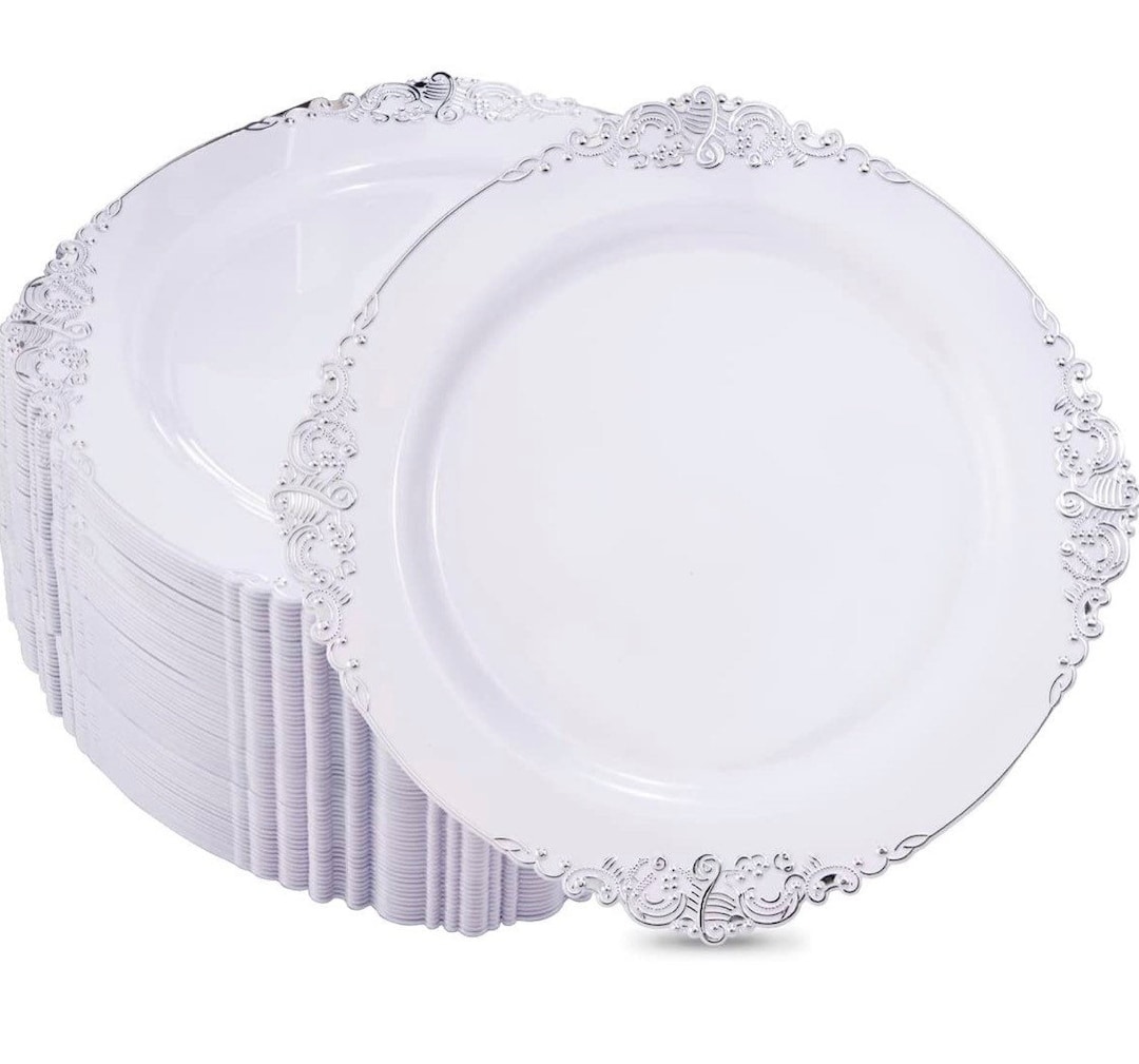 Desechable pesado Plástico blanco y plateado 100 PLATOS DE CENA SOLO patrón  elegante, parecen platos de vidrio para bodas, duchas -  México
