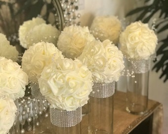 Flower kissing balls ivory pomanders Or color of your choice, with pearls, pomanders, beautiful wedding decor reception decor