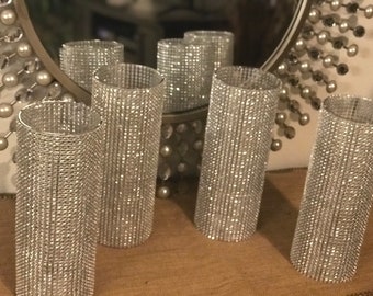 Centerpieces, cylinder vases completely covered in rhinestone bling wrap, in the color of your choice, wedding decor, shower decor