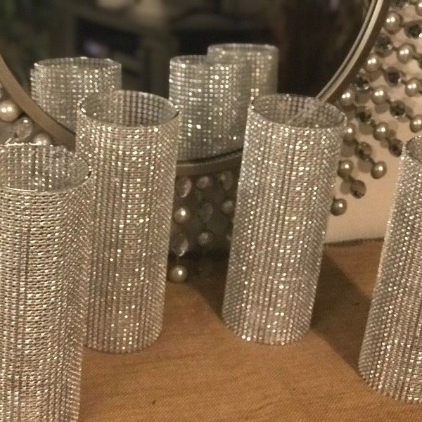 Centerpieces, cylinder vases completely covered in rhinestone bling wrap, in the color of your choice, wedding decor, shower decor