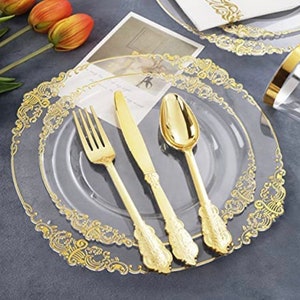 Disposable Plastic clear and gold 175 piece elegant pattern dinnerware and flatware set for weddings, showers, anniversary, dinner parties