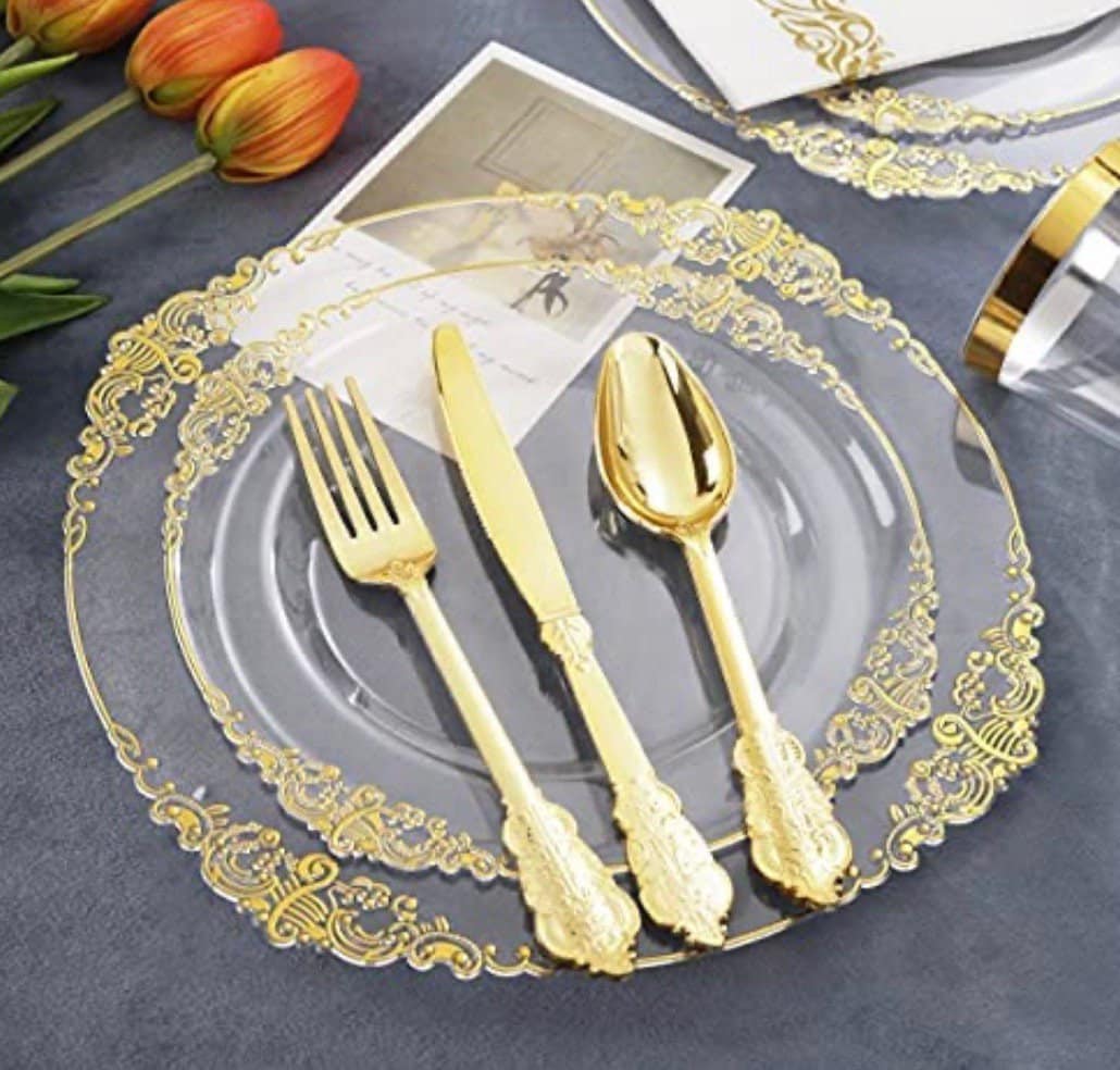 100 Platos Desechables Elegantes Decorativos Para Fiesta Boda Oro